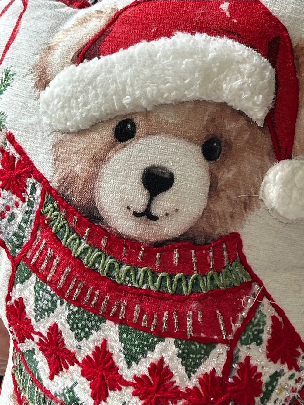 NWT! Vintage Inspired Christmas Holiday Teddy Bear Throw Pillow Beaded Sweater